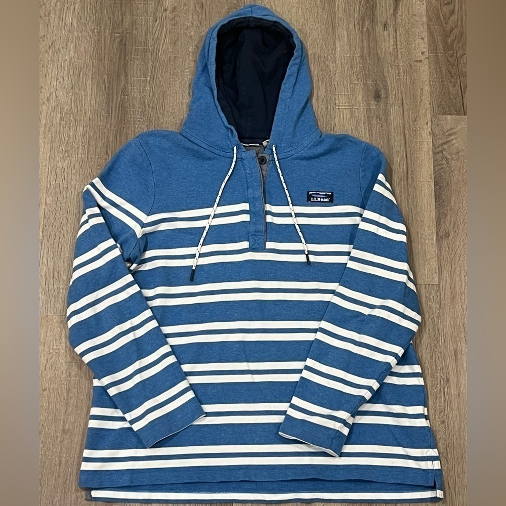 Men’s L.L. Bean XL Nautical Half Button Pullover Sweater Navy Hooded Soft Cotton